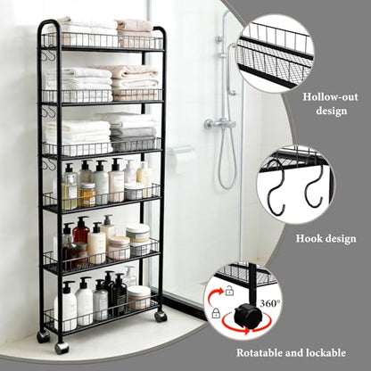6in 6 Tier Slim Storage Cart with Wheels, Narrow Space Rolling Shelving Unit, Metal Wire Mobile Organizer Rack for Kitchen Bathroom Office Laundry - size: 6in Black Cart