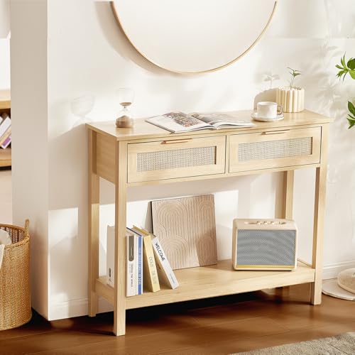 VEVOR Rattan Console Table with 2 Storage Drawers, Rattan Entryway Table with Natural Rattan Sliding Door, Console Sofa Table for Living Room, Study, Entryway Or TV Wall, Natural - size: 2 Drawers-Rectangular