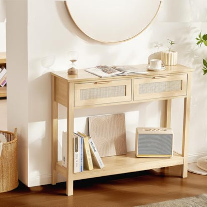 VEVOR Rattan Console Table with 2 Storage Drawers, Rattan Entryway Table with Natural Rattan Sliding Door, Console Sofa Table for Living Room, Study, Entryway Or TV Wall, Natural - size: 2 Drawers-Rectangular