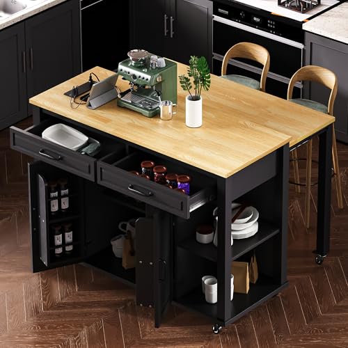 47 Extendable Countertop Coffee Station, Kitchen Storage Cabinets with Power Outlet, Kitchen Island Table with Rubber Wood Veneer for Kitchen use, Black - color: Black