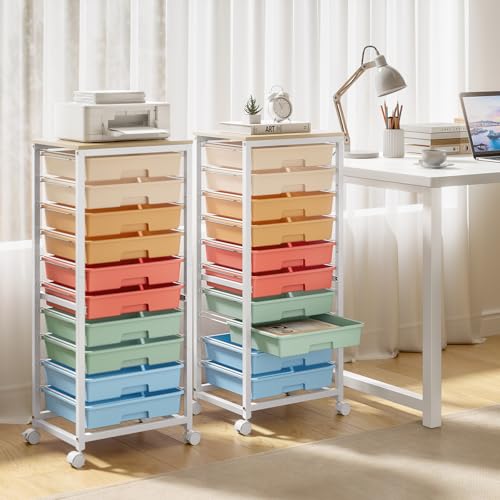 SYKIARIOL Rolling Cart with Drawers,10 Drawer Rolling Cart,Storage Cart with Wheels,Utility Cart with Drawers,Teacher Cart for Classroom Storage,Craft Cart with Wheels and Wooden Tabletop,Rainbow - color: rainbow