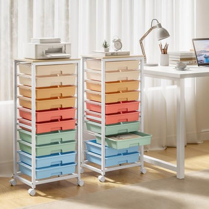 SYKIARIOL Rolling Cart with Drawers,10 Drawer Rolling Cart,Storage Cart with Wheels,Utility Cart with Drawers,Teacher Cart for Classroom Storage,Craft Cart with Wheels and Wooden Tabletop,Rainbow - color: rainbow