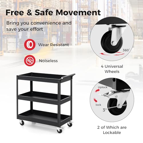 3-Tier Rolling Tool Cart, Mechanic Organizer Push Cart with 4 Universal Wheels & 2 Brakes, Heavy-Duty Metal Service Carts for Home, Kitchen, Warehouse, Garage (Black) - size: 3" Wheels