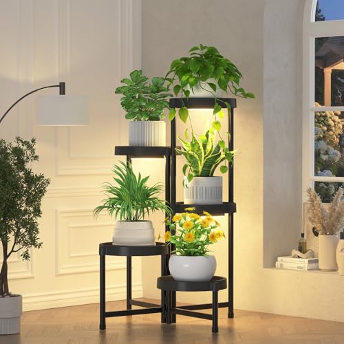 iDavosic.ly 5 Tier Folding Plant Stand Indoor Outdoor with Grow Light, Tiered Corner Flower Holder Shelf with Plastic Tray, Metal Orchid Display Rack for Patio Porch Living Room Garden Balcony, Black - color: Black with Light, size: 5 Tiers