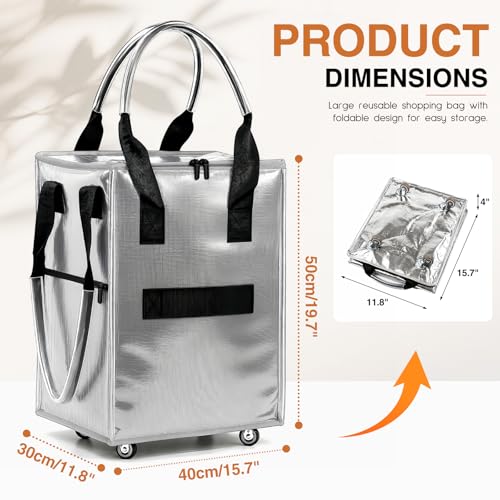 Large Reusable Grocery Bag on Wheels, Foldable Rolling Tote Bag with Handle and Zipper for Market Laundry Travel - color: Silver