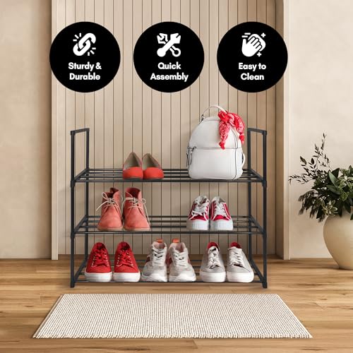 Americanflat Shoe Organizer - 3 Tier Shoe Rack Storage Shelf with Sturdy Steel Frame - Ideal for Closets, Entryways, or Garages - Space-Saving Design and Easy to Assemble - Black - size: 3-Tier
