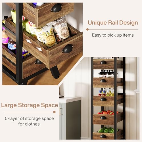 Tribesigns Wood Fruit and Vegetable Storage Rack, 5-Tier Narrow Snack Stand Kitchen Stand Fruit Basket, Pull-Out Utility Organizer for Kitchen, Living Room, Rustic Brown - color: Rustic Brown