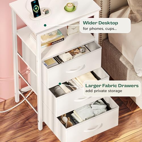 Huuger Night Stand with Charger Station and LED Lights, 3 Drawer Nightstand, Bed Side Table with Open Shelf, End Table, Tall Fabric Dresser for Bedroom, PU Leather, White - color: White, size: 11.8"D x 15.7"W x 27.6"H（3 Drawers）