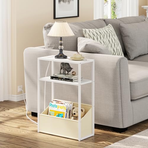 TUTOTAK Keep Phones Charged & Books Organized with Slim 3-Tier Side Table with Charging Station for Living Room Bedroom White TB01BW095 - color: White