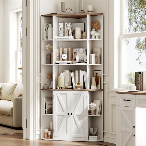 Vabches Corner Storage Cabinet, Farmhouse Storage Shelf with Bottom Cabinet, 67” Tall Corner Bookshelf with Barn Doors and Adjustable Shelf for Study, Living Room and Bedroom(White and Brown) - color: White and Brown