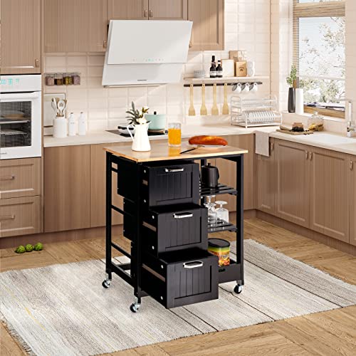 Giantex Kitchen Island Cart with Storage, Bar Serving Cart on Wheels with 3 Deep Drawers, Open Shelves & Removable Tray, Rolling Kitchen Trolley Cart for Home Kitchen, Dining Room, Bar - color: Black