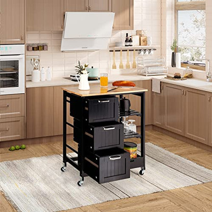Giantex Kitchen Island Cart with Storage, Bar Serving Cart on Wheels with 3 Deep Drawers, Open Shelves & Removable Tray, Rolling Kitchen Trolley Cart for Home Kitchen, Dining Room, Bar - color: Black