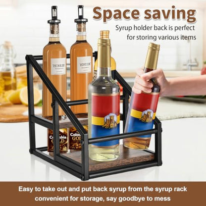 YQBRAO 2-Tier Coffee Syrup Organizer, 4-Bottle Rack, Rustic Brown | Holds 4 bottles in a narrow two-tier footprint for small counters, coffee corners, apartments, and bar carts. - size: 2 Tier 4 Bottle Syrup Rack - 1 Pack