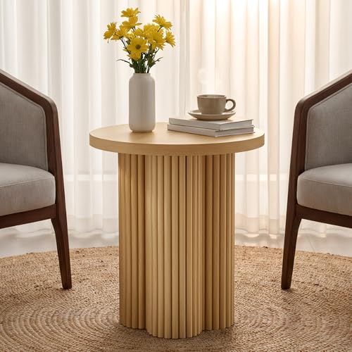 Small Sofa Side Table Set of 2, Fluted Accent Pedestal End Table, Wood Round Night Stand, Farmhouse Bed Side Table Drink Tables for Living Room, Small Spaces (Natural-2PCS) - color: Natural-2pcs