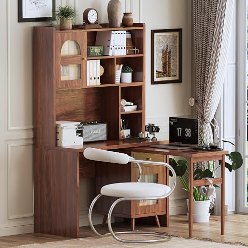Bellemave Computer Desk with 90 Degree Rotating Desktop, 43x70 Inch Home Office Desk with Drawer and Storage Cabinets, Gaming Desk with Shelves, Writing Desk for Study (Walnut) - color: Walnut