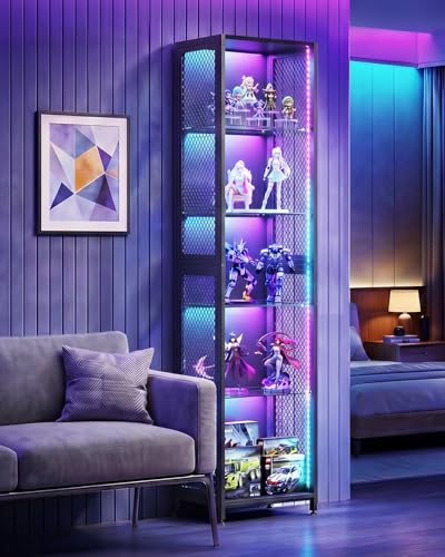 AODK 72" Tall Display Case with LED Lights, Corner Display Cabinet with Open Glass Shelves, 5-Tier Display Shelf with Industrial Mesh Sides, Curio Cabinet Shelf for Collectibles - size: 72 Inch