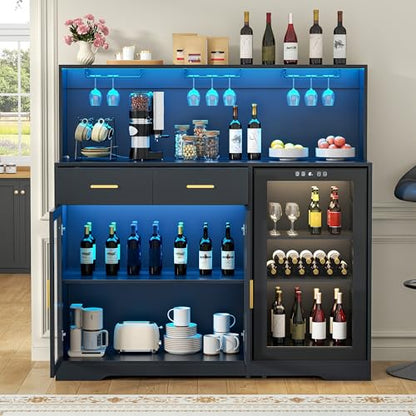 Gyfimoie 53" Wine Bar Cabinet with Fridge Space & Outlets, Large Coffee Bar Table with Storage Drawer,Liquor Cabinet with Wine Rack for Home, Living Room, Dining Room, Kitchen (Black)