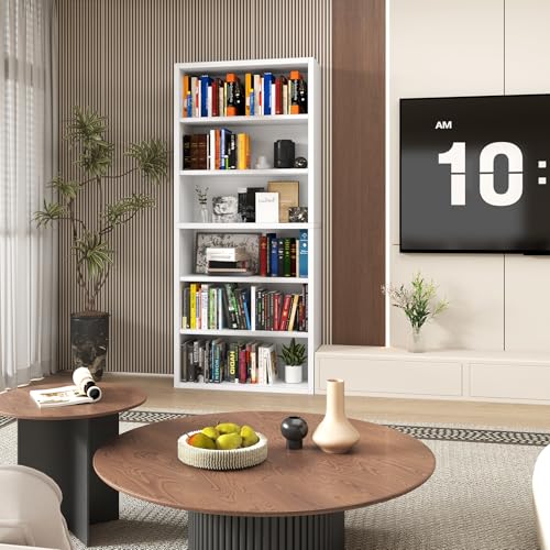 furtble 6 Tier Bookshelf with Open Storage Shelf, 72'' Tall Wooden Bookcase, Sturdy Modern Display Storage Shelf for Living Room, Home Office, Study, White - size: 6-Tier-30.7W