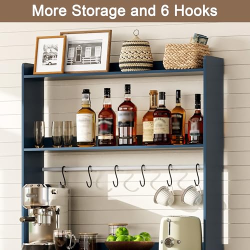ChooChoo Farmhouse Coffee Bar Cabinet with Storage, Bakers Rack with Power Outlets, Microwave Stand Kitchen Cabinet with Hutch and 6 Hooks, Blue - color: Blue