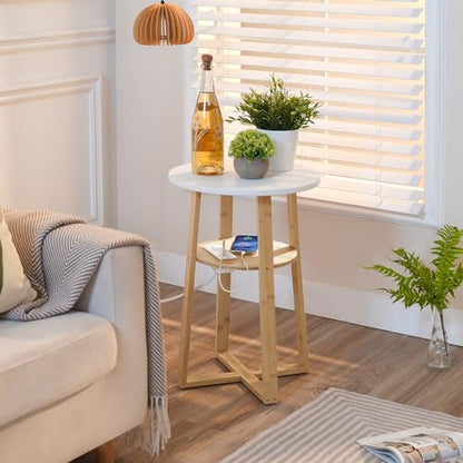 HOOBRO Round Side Table with Charging Station, Round Accent End Table with Bamboo Legs for Living Room, Bedroom, White and Natural YW101UBZ01 - color: White and Natural