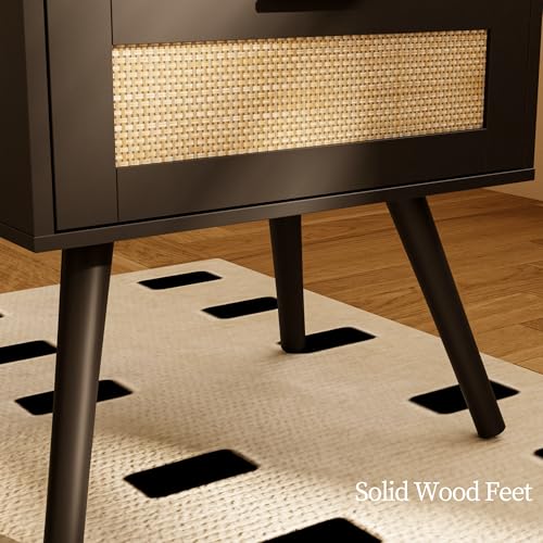 JOONEE Rattan Nightstand,Farmhouse Bedside Table with 2 Storage Drawer and Open Wood Shelf, for Bedroom and Small Spaces,Night Stand with Solid Wood Legs (Black) - color: Black