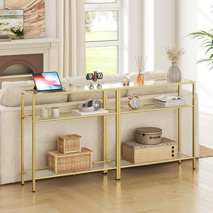 HOOBRO 29.5" Narrow Console Table, 3-Tier Tempered Glass Sofa Table, Modern Entryway Table, for Entrance, Living Room, Foyer, Hallway Bedroom, Gold GD21XG01G1 - color: Gold