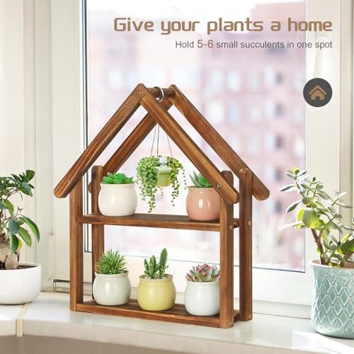 Jotsport Small Windowsill Plant Stand Desktop Succulents Holder | House Shaped Display Stand 2 Tier Wooden Plant Shelf for Kitchen Living Room Office