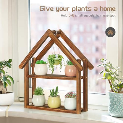 Jotsport Small Windowsill Plant Stand Desktop Succulents Holder | House Shaped Display Stand 2 Tier Wooden Plant Shelf for Kitchen Living Room Office