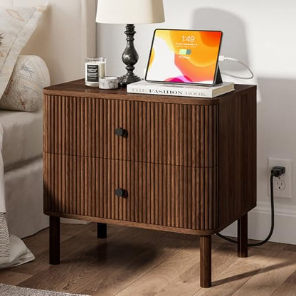 23" Fluted Nightstand with Soft Rounded Drawer Fronts & Solid Wood Cylindrical Legs, 2 Drawer Walnut Night Stand with Charging Station, End Table w/Metal Knobs, Bedside Table for Bedroom - color: Walnut - Rounded Drawer, size: 23"W