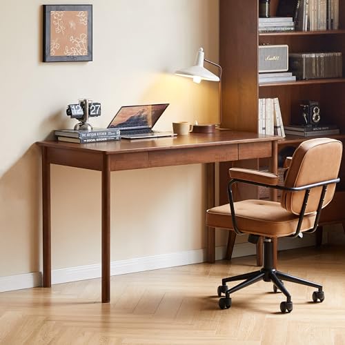 Solid Wood Computer Desk, Mid-Century Modern Home Office Desk with Storage Drawers, Writing Table for Study & Living Room 47.24" W Walnut Color - color: Walnut Color-rubberwood 3, size: 47.24"W