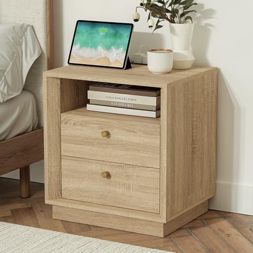 FORTUNETEC Nightstand with Charging Station, Mid Century Modern Nightstand with Wood Grain Texture, Boho End Table with Drawers Storage, Bedside Table for Bedroom Living Room Office, White Oak - color: White Oak, style: set of 1
