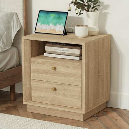 FORTUNETEC Nightstand with Charging Station, Mid Century Modern Nightstand with Wood Grain Texture, Boho End Table with Drawers Storage, Bedside Table for Bedroom Living Room Office, White Oak - color: White Oak, style: set of 1