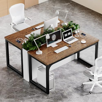 Computer Desk with Power Outlets, 55 Inch Large Home Office Desk with Deeper & Thicker Desktop Modern Gaming Desk Study Writing Work Desk, Metal Frame, Rustic Brown - size: 55 Inch