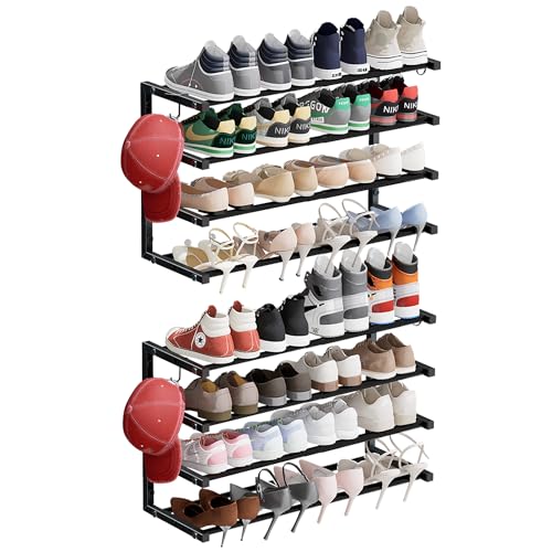 2 Pack Wall Mounted Shoe Rack, 4 Tier Hanging Shoe Rack Holds 32 Pairs, 17"-30"Adjustable Heavy Duty Wall Shoe Shelf with 4 Storage Hooks, Space Saving for Closet Entryway, Black, Patent Pending - color: Black, size: 2 Pack