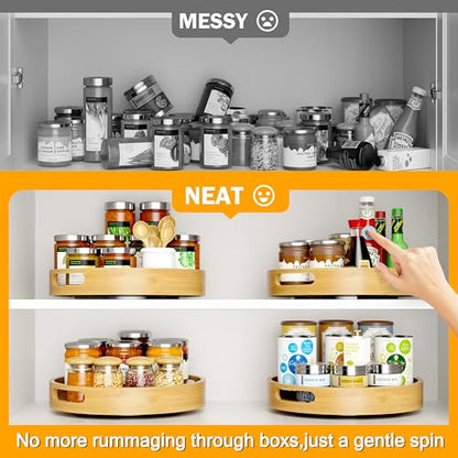 Lazy Susan Organizer Homerays 12 Inch Non-Skid Bamboo Lazy Susan for Kitchen Rotating Spice Rack with Handles, Wood Turntable for Kitchen Cabinet,Countertop (Bamboo, Medium) - size: 12" High Rim Bamboo