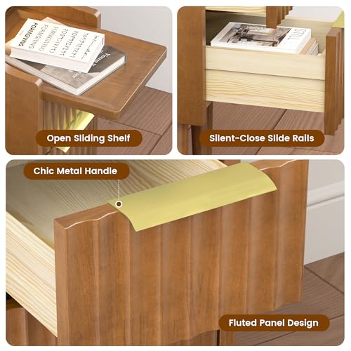 9.7" Narrow Nightstand Set of 2, Solid Wood Nightstand with Charging Station - color: Walnut 2 Pcs