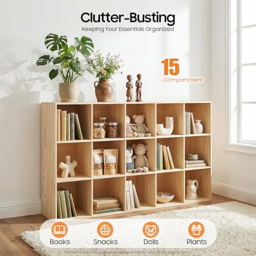 15-Cube Solid Wood Bookshelf, 3-Tier Storage Organizer Semi-Open Floor Display Shelf Closet Cabinet for Home Office Library School, 12" D x 59" W x 35" H - size: 15-Cube