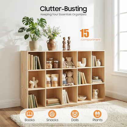 15-Cube Solid Wood Bookshelf, 3-Tier Storage Organizer Semi-Open Floor Display Shelf Closet Cabinet for Home Office Library School, 12" D x 59" W x 35" H - size: 15-Cube