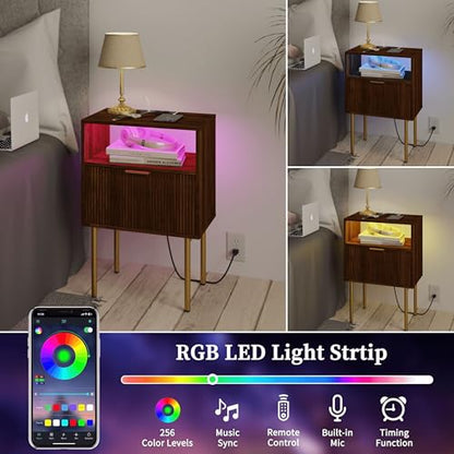 JOONEE Nightstand with Outlet and Led Light, Bedside Table with Storage Drawer, Fluted Side Table for Living Room, Bedroom - color: Walnut Brown