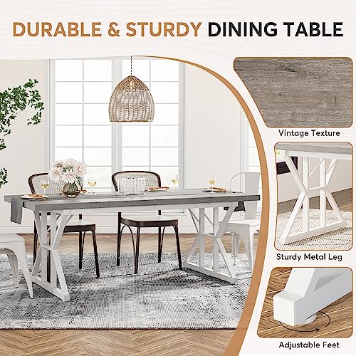 Tribesigns Farmhouse Dining Table for 6 People, 70.8-Inch Rectangular Wood Dining Table, Rustic Kitchen Table with Heavy Duty Metal Legs for Dining Room(Grey) - color: Grey/White