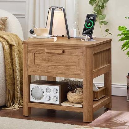 Joaxswe Farmhouse Side Tables Living Room, Small Nightstand with 1 Drawers & Open Shelving & 4 Thickened Table Legs, Dark Wood - color: Dark Wood, size: Single