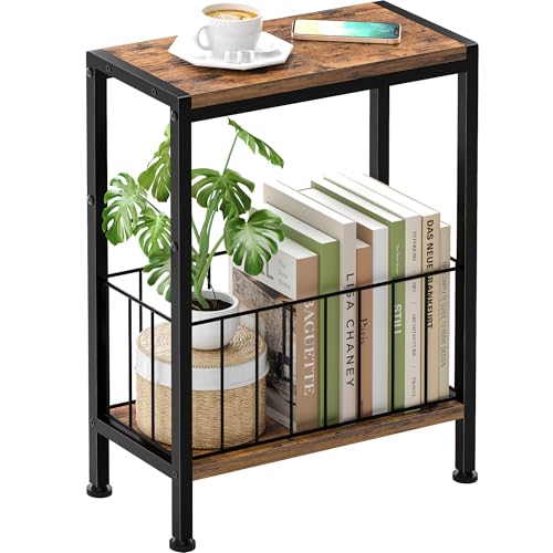 Narrow Side Table, Skinny End Tables with Magazine Holder, Small Sofa Table for Small Spaces, Space-Saving Design, Slim Nightstand Bedside Table for Living Room, Bedroom, Office, Rustic Brown - color: Rustic Brown