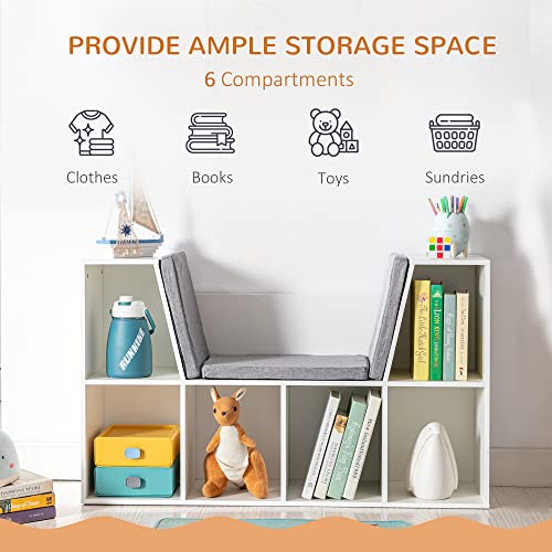 HOMCOM 6-Cubby Kids Bookcase with Reading Nook and Cushion, Multi-Purpose Storage Organizer for Bedroom, Living Room, Pure White - color: White