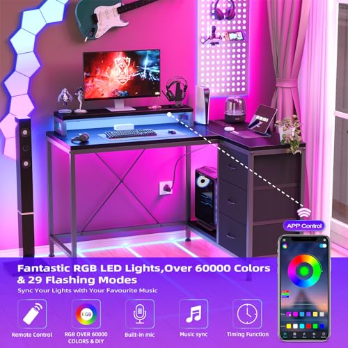 Patikuin L Shaped Desk with Power Outlets & LED Lights, Computer Desk with Drawers & Shelves, Corner Desk Gaming Desk Home Office Desk, Black - color: Black
