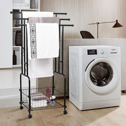42" Tall Bathroom Towel Rack, Standing Towel Racks, 3 Tier Towel Holder with Storage Basket & 4 Hooks, Indoor Outdoor Freestanding Towel Racks with Anti-Skid Wheels, Pool Towel Blanket Stand