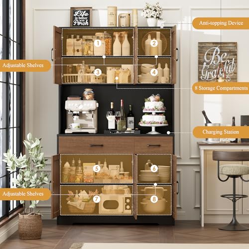 HOSTACK 71" Pantry Cabinet with Charging Station, Tall Kitchen Pantry Storage Cabinet with Microwave Stand, Farmhouse Kitchen Hutch with Storage Drawers for Living Room, Dining Room, Brown/Black - color: Brown/Black
