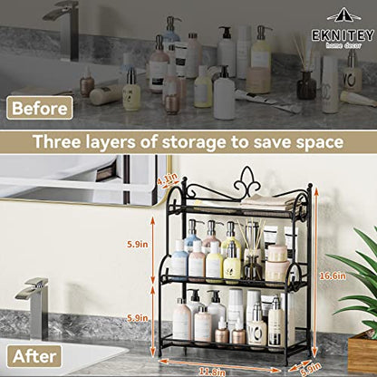 EKNITEY Bathroom Counter Organizer - 3 Tier Spice Rack(No Assembly) | Skincare Countertop Organizers, for Bathroom Kitchen Bedroom, Sturdy Metal Frame, Easy to Clean, Foldable, Black - color: Black