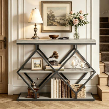 Garvee 3 Tier Console Table,39" Industrial Entryway Table,Open Wood Shelves | Sofa Table,Narrow Wood Accent Tables with Metal Frame for Hallway,Living Room,Behind Couch,Foyer,Entrance,Gray - color: Gray + Diamond-shaped