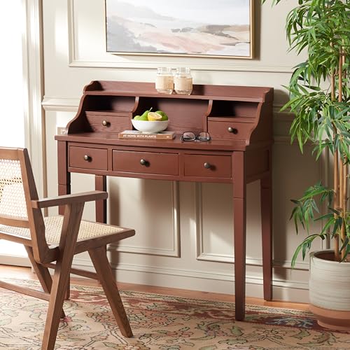 SAFAVIEH Furniture - Landon 5-Drawer Writing Desk - Henna Brown - Solid Wood - Classic Hutch Design - Ideal for Home Office, Living Room, Den, 36.2" W x 19.1" D x 40.5" H (AMH6516G) - color: Henna Brown