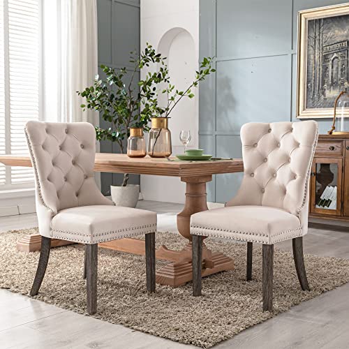 KCC Velvet Dining Chairs Set of 2, Upholstered High-end Tufted Dining Room Chair with Nailhead Back Ring Pull Trim Solid Wood Legs, Nikki Collection Modern Style for Kitchen, Beige - color: Beige, size: Set of 2